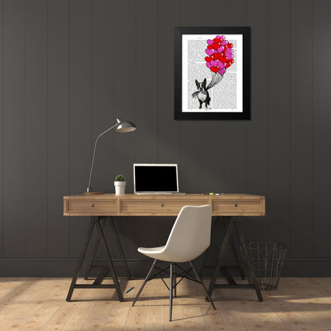 Boston Terrier And Balloons Black Modern Wood Framed Art Print by Fab Funky