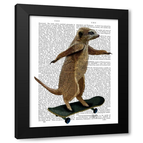 Meerkat On Skateboard Black Modern Wood Framed Art Print by Fab Funky