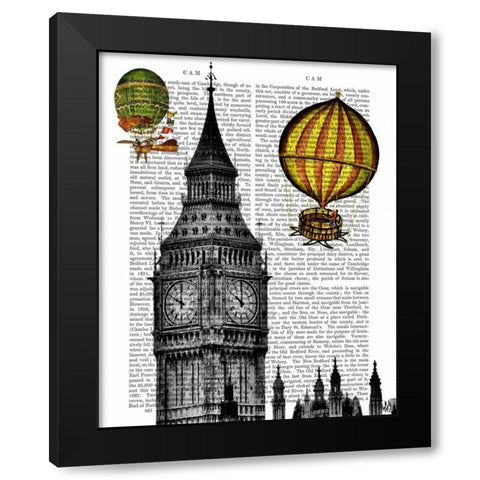 Big Ben and Vintage Hot Air Balloons Black Modern Wood Framed Art Print with Double Matting by Fab Funky
