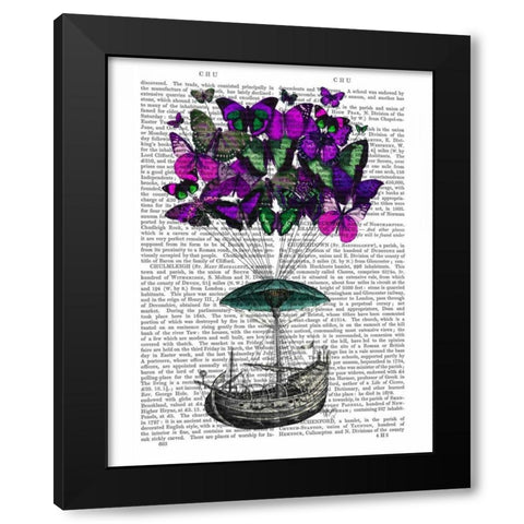 Butterfly Airship 2 Purple and Green Black Modern Wood Framed Art Print by Fab Funky