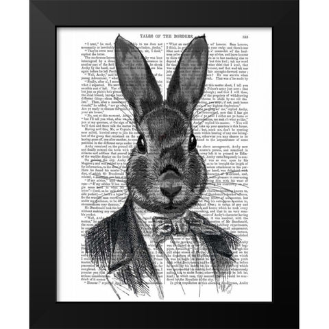 Rabbit In Suit Portrait Black Modern Wood Framed Art Print by Fab Funky