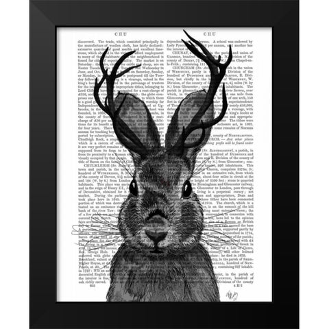 Jackalope with Grey Antlers Black Modern Wood Framed Art Print by Fab Funky