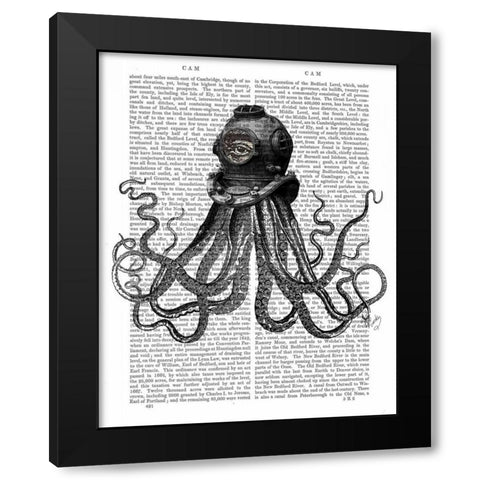 Octopus and Diving Helmet Black Modern Wood Framed Art Print by Fab Funky