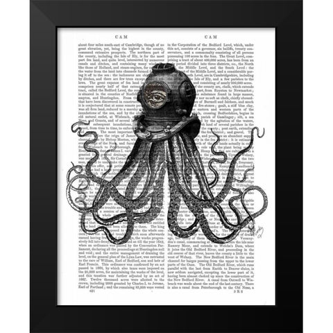 Octopus and Diving Helmet Black Modern Wood Framed Art Print by Fab Funky