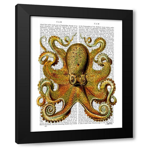 Vintage Yellow Octopus Front Black Modern Wood Framed Art Print by Fab Funky