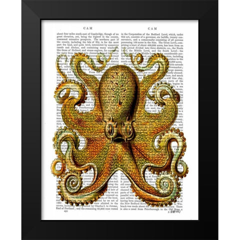 Vintage Yellow Octopus Front Black Modern Wood Framed Art Print by Fab Funky
