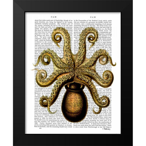 Vintage Yellow Octopus Underside Black Modern Wood Framed Art Print by Fab Funky