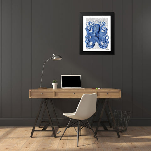 Vintage Blue Octopus 1  Front Black Modern Wood Framed Art Print by Fab Funky