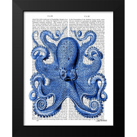 Vintage Blue Octopus 1  Front Black Modern Wood Framed Art Print by Fab Funky