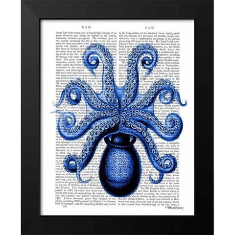 Vintage Blue Octopus 1 Underside Black Modern Wood Framed Art Print by Fab Funky