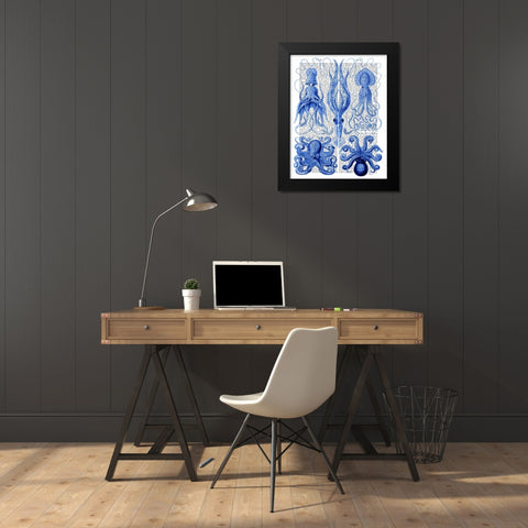 Octopus and Squid Blue Black Modern Wood Framed Art Print by Fab Funky