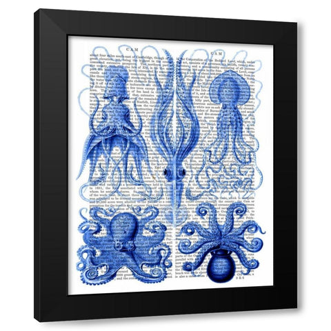 Octopus and Squid Blue Black Modern Wood Framed Art Print by Fab Funky