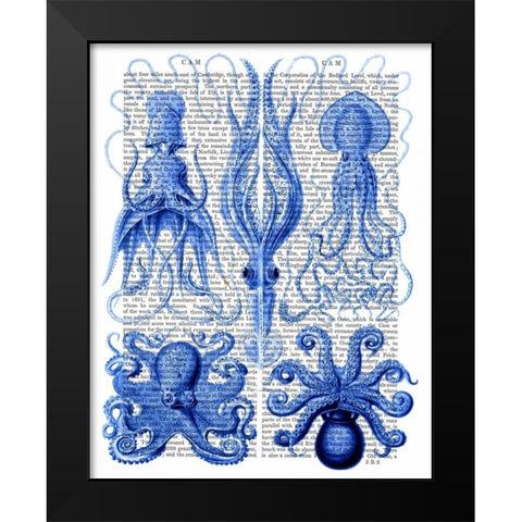 Octopus and Squid Blue Black Modern Wood Framed Art Print by Fab Funky