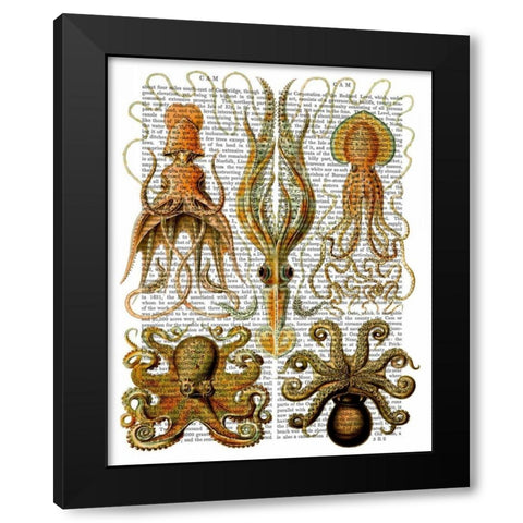 Octopus and squid Black Modern Wood Framed Art Print by Fab Funky