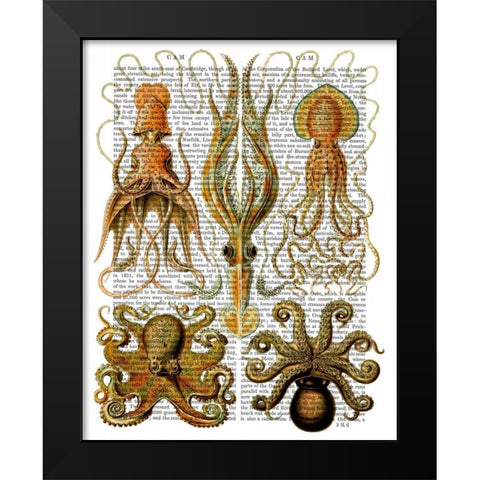 Octopus and squid Black Modern Wood Framed Art Print by Fab Funky