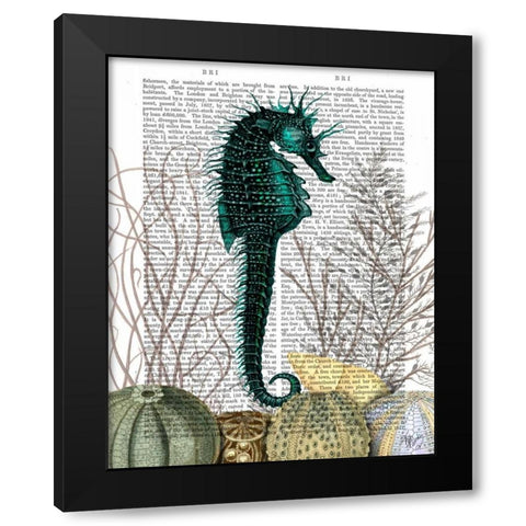 SeaHorse and Sea Urchins Black Modern Wood Framed Art Print by Fab Funky