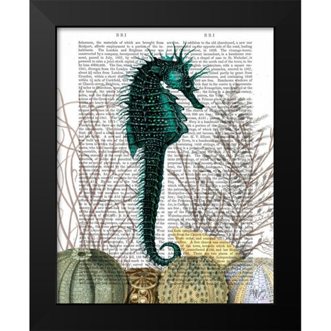 SeaHorse and Sea Urchins Black Modern Wood Framed Art Print by Fab Funky