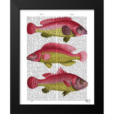 Red and Yellow Fantasy Fish Trio Black Modern Wood Framed Art Print by Fab Funky