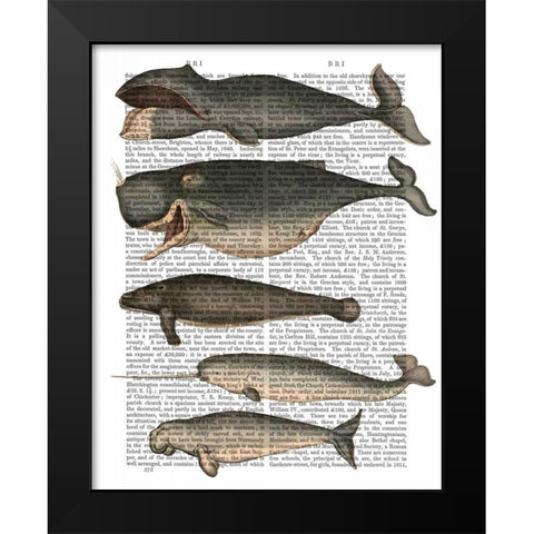 Five Vintage Whales Black Modern Wood Framed Art Print by Fab Funky
