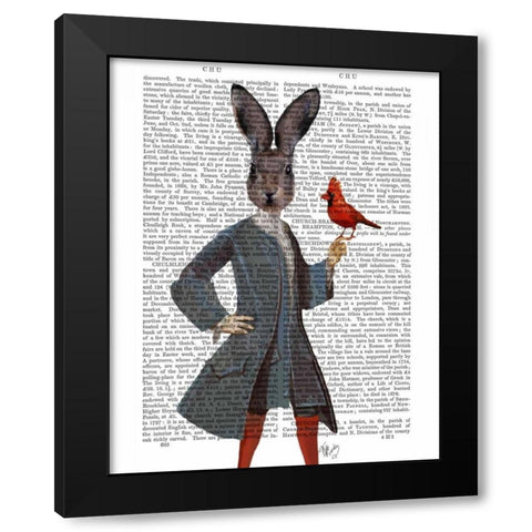 Rabbit and Bird Black Modern Wood Framed Art Print by Fab Funky