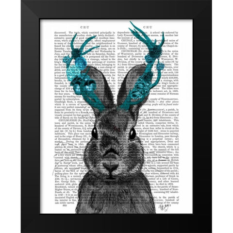 Jackalope with Turquoise Antlers Black Modern Wood Framed Art Print by Fab Funky