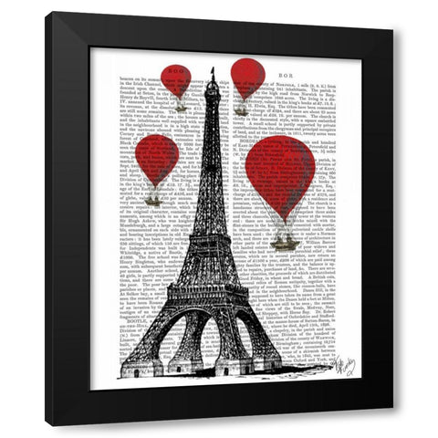 Eiffel Tower and Red Hot Air Balloons Black Modern Wood Framed Art Print by Fab Funky