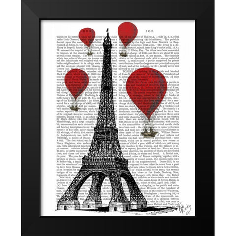 Eiffel Tower and Red Hot Air Balloons Black Modern Wood Framed Art Print by Fab Funky
