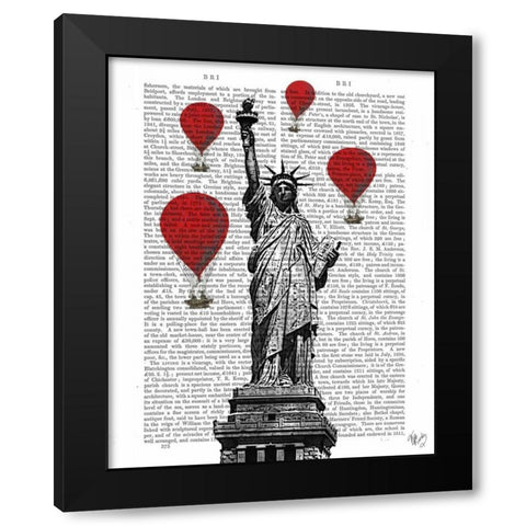 Statue Of Liberty and Red Hot Air Balloons Black Modern Wood Framed Art Print with Double Matting by Fab Funky