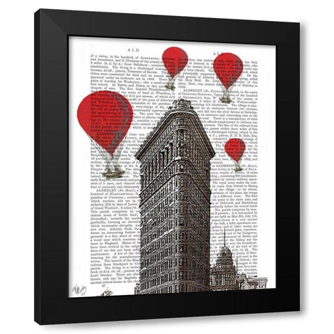 Flat Iron Building and Red Hot Air Balloons Black Modern Wood Framed Art Print by Fab Funky
