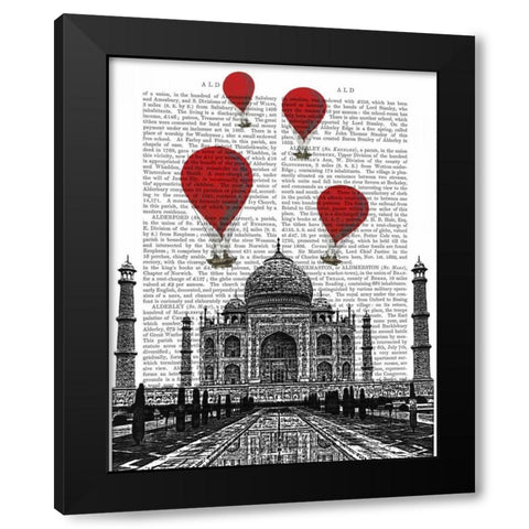 Taj Mahal and Red Hot Air Balloons Black Modern Wood Framed Art Print by Fab Funky