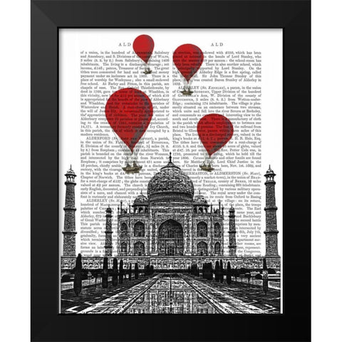 Taj Mahal and Red Hot Air Balloons Black Modern Wood Framed Art Print by Fab Funky
