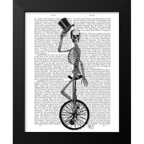 Skeleton on Unicycle Black Modern Wood Framed Art Print by Fab Funky