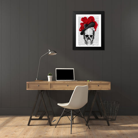 Skull with Red Hat Black Modern Wood Framed Art Print by Fab Funky