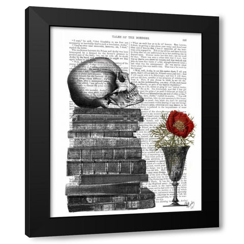 Skull And Books Black Modern Wood Framed Art Print by Fab Funky