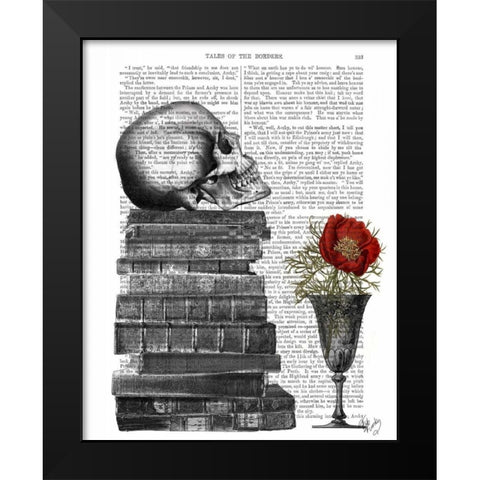 Skull And Books Black Modern Wood Framed Art Print by Fab Funky
