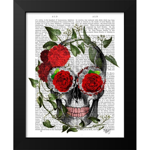 Skull With Roses And Vines Black Modern Wood Framed Art Print by Fab Funky