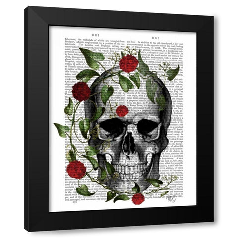 Skull Vines and Flowers Black Modern Wood Framed Art Print by Fab Funky