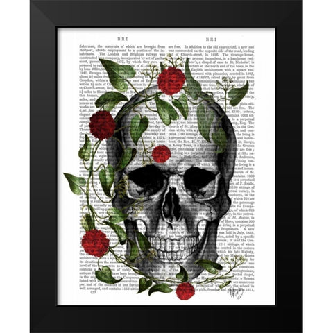 Skull Vines and Flowers Black Modern Wood Framed Art Print by Fab Funky