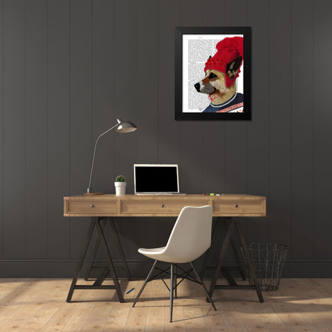 Dog in Ski Sweater Black Modern Wood Framed Art Print by Fab Funky