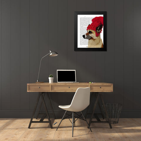 German Shepherd in Red Woolly Hat Black Modern Wood Framed Art Print by Fab Funky