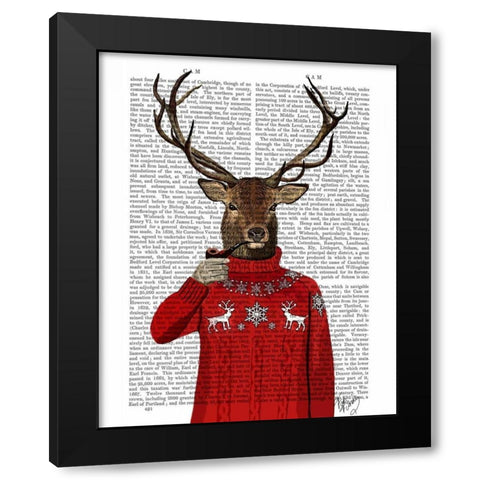 Deer in Ski Sweater Black Modern Wood Framed Art Print with Double Matting by Fab Funky