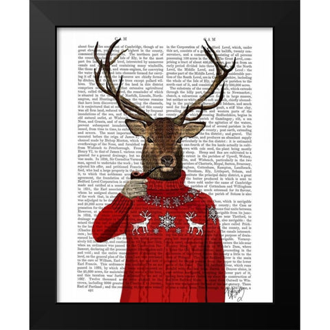 Deer in Ski Sweater Black Modern Wood Framed Art Print by Fab Funky