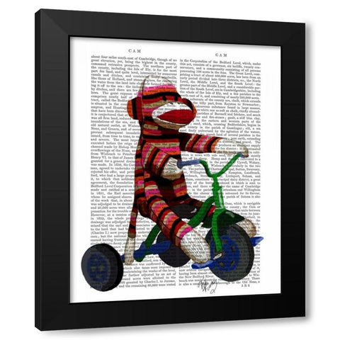 Sock Monkey on Tricycle Black Modern Wood Framed Art Print by Fab Funky