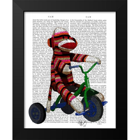 Sock Monkey on Tricycle Black Modern Wood Framed Art Print by Fab Funky