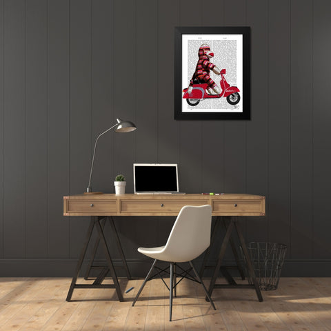 Sock Monkey on Moped Black Modern Wood Framed Art Print by Fab Funky