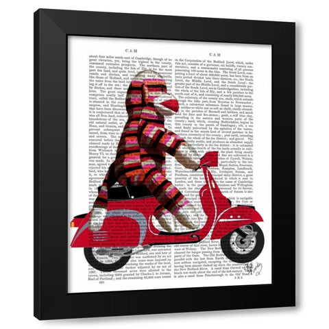 Sock Monkey on Moped Black Modern Wood Framed Art Print by Fab Funky