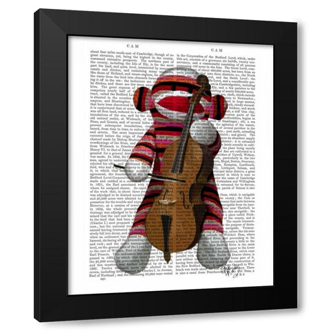 Sock Monkey and Cello Black Modern Wood Framed Art Print by Fab Funky