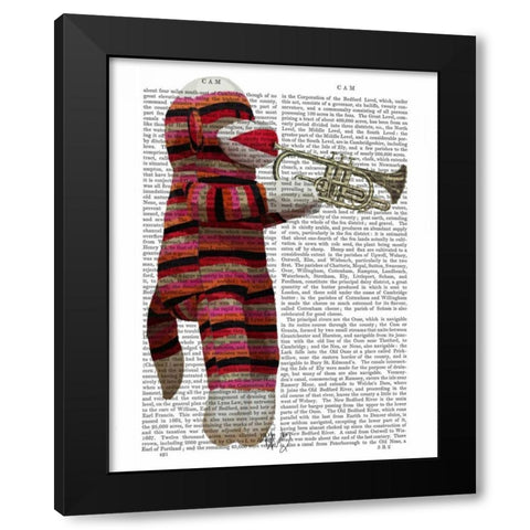 Sock Monkey Playing Trumpet Black Modern Wood Framed Art Print by Fab Funky