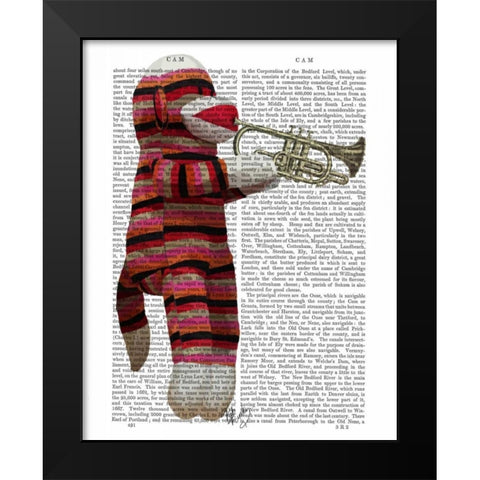 Sock Monkey Playing Trumpet Black Modern Wood Framed Art Print by Fab Funky