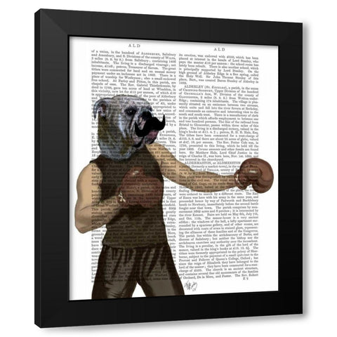Boxing Bulldog Portrait Black Modern Wood Framed Art Print by Fab Funky